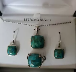 Sterling Silber 925 Türkis Anhänger Halskette 18", Ohrringe und Ringgröße 7 - Bild 1 von 5