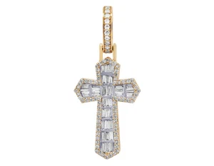 Channel Baguette 3/5 CT Real Diamond Cross Pendant 1.4" 10K Yellow-White Gold - Picture 1 of 4