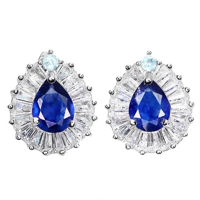 Black Friday Sterling Silver Earrings Pear Sapphire 8x6mm Apatite Gem Jewelry - Image 1 of 4
