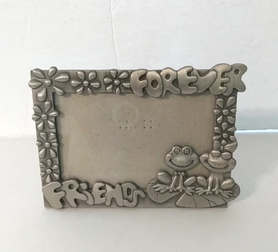 Frogs Friends Forever Picture Frame Metal Glass Front Easel Style Pewter Frame - Image 1 of 4