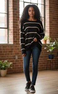 Pol Relaxed Fit Distressed Striped Sweater Women Size Small - Picture 1 of 6