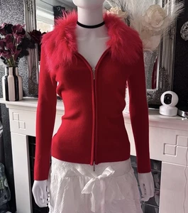 Vintage Y2K rote Strickjacke - Doppelreißverschluss & Kunstfellbesatz | Größe L - Bild 1 von 5