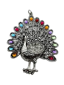 Peacock Pendant With Multicolored Rhinestones & Silver Tone Statement Jewelry - Picture 1 of 5