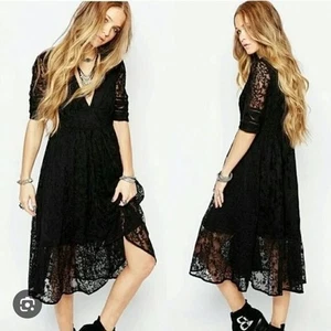 Free People Womens Black Lace Midi Half Sleeve Fit and Flare Dress Sz 4 Goth - Picture 1 of 6