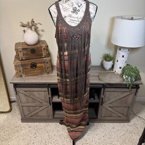 Denim & Supply Ralph Lauren Western Maxi Dress Sz L Brown Crochet  Fringe Boho - Picture 1 of 10