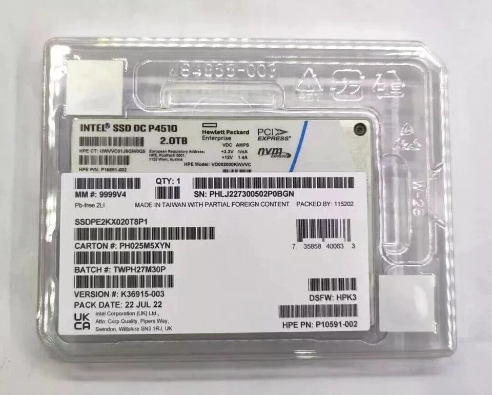 Intel DC P4510 2.0TB HPE SSD U.2 NVME PCIe Solid State Drive SSDPE2KX020T8P1 - Image 1 of 1