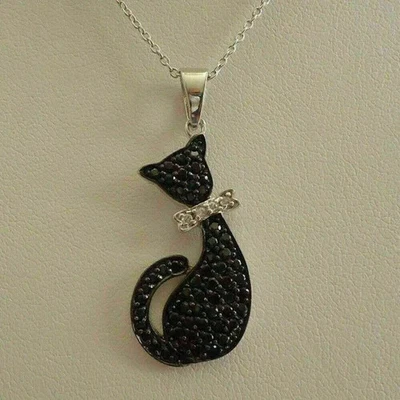 1Ct Round Cut Black & White Diamond Cat Necklace Pendant 14K White Gold Plated - Image 1 of 4