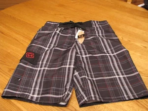 Boy's Skull Board swim shorts L large black plaid NWT NEW trunks - Picture 1 of 2