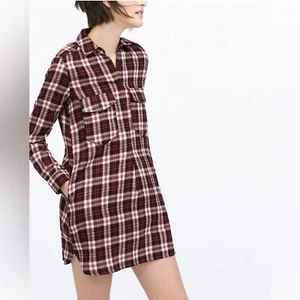 Zara rot kariertes Flanell Hemdkleid Tunika Viertelknopf Herbst Lagenlook, Gr. XS - Bild 1 von 8