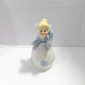 Vintage Angel Bell with Snowflakes Ceramic Winter Snow White Blue - Picture 1 of 8