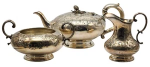 Antique HALLMARKED Silver Plate Etched 3 Pc. Tea Set Creamer Sugar Bowl Teapot - Picture 1 of 8