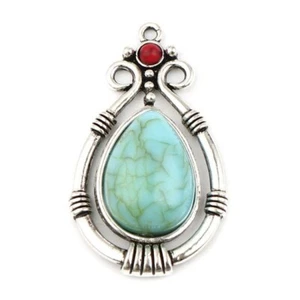 5 Boho Chic Drop Shaped Antique Silver Tone Pendants & Imitation Turquoise - Picture 1 of 2