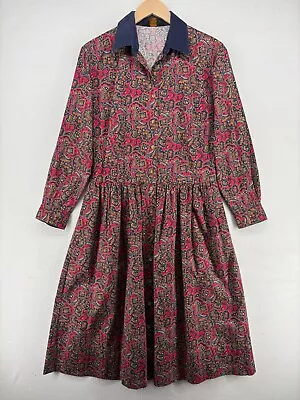 EDDIE BAUER Dress S Twill Paisley Fit & Flare Cottagecore Long Sleeve Cotton Red - Image 1 of 4