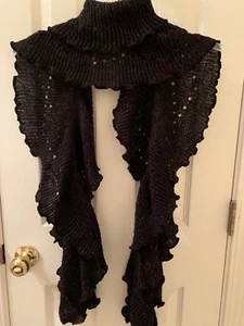 Ruffled Black Scarf With Colored Lux Tweed Threads 70” - Picture 1 of 8