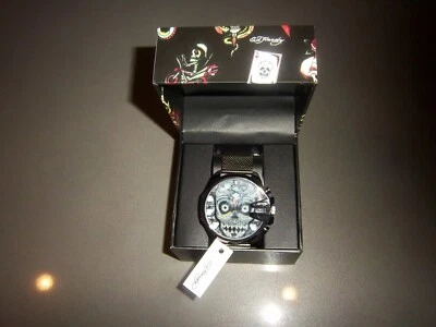 MENS ED HARDY WHITE/GRAY SKULL FACE/BLACK MELANESE STEEL BAND WATCH - NIB - Image 1 of 4