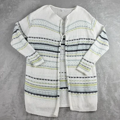 J Jill Sweater Cardigan Mediun White Striped Knit Open Front Boho Cottagecore - Image 1 of 4