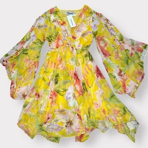 Neu mit Etikett Meghan LA fabelhaftes fließendes Kleid Sonnenuntergang Blumen Glockenärmel Bohemian Damen M - Bild 1 von 5