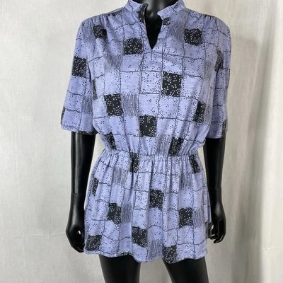 70s checkered dice patterned blue & black waist band blouse top sz L/XL new wave - Image 1 of 4