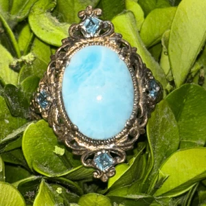 Larimar & Accent Filigree Ring 925 Sterling Silver Sz 9 Large diamond aquamarine - Picture 1 of 10