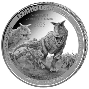 Srebrna moneta 1 uncja Carnotaurus 2025 Prehistoric Life II Kongo Srebrna moneta - Zdjęcie 1 z 2