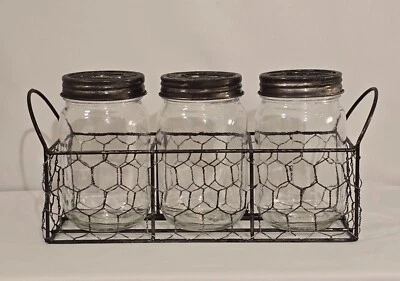Rustic Farmhouse Wire Basket w/3 Jars-Floral Frog Wire Lids-Perfect for Flowers! - Image 1 of 4
