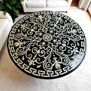 30'' Round Black Marble Center Sofa Coffee Table Mop Inlay Stone Marquetry Decor - Picture 1 of 8