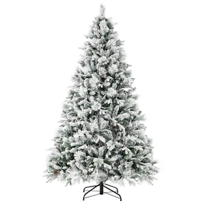 7 FT Pre-Lit Snow Flocked Christmas Tree Hinged Xmas Tree W/ 320 Lights 8 Modes - Picture 1 of 11