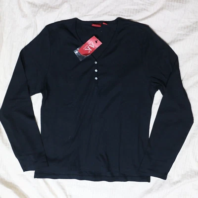NWT Anne Klein AK Women  Long Sleeve Button Down V neck Black Top Large NEW - Image 1 of 4