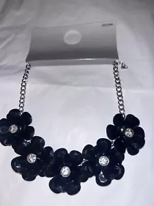 BLACK FLOWER CHUNKY CLUSTER NECKLACE W/RHINESTONES 20” Lot M - Picture 1 of 5