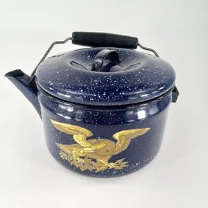 Antik Metall Blau Emaille Teekanne Retro Wohndeko Adler Aufkleber Wasserkocher mit Deckel - Bild 1 von 22