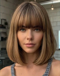 Highlight Brown Blonde Wig with Bangs Human Hair Wig for Women None Lace  - Picture 1 of 2