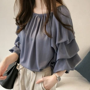 Dama Camiseta de Gasa Blusa Burbuja Manga Larga Fuera del Hombro Suelta Top M-4XL Sexy - Imagen 1 de 9