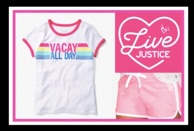 *NUEVO CON ETIQUETAS* Conjunto de Niñas JUSTICIA 7 Vacay Todo el Día Arco Iris Timbre Top y Conjunto de Pantalones Cortos Rosa Foto 1 de 4