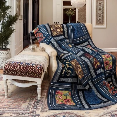 Cotton Dark Navy Quilted Lap Throw Blanket for Sofa or Bed - Real Patchwork - Image 1 of 3