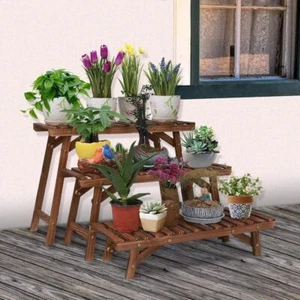 UNHO Blumenbank 3er-Satz Blumenständer Braun Holz Pflanzentreppe Garten Balkon - Bild 1 von 11