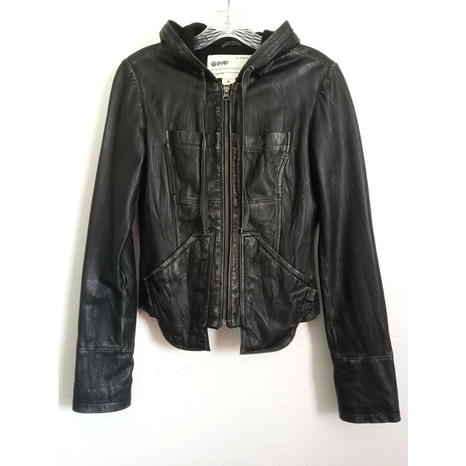 Chaqueta con Capucha de Cuero EVER NUEVA SIN ETIQUETAS Moto Negra Envejecida Cremallera Forrada Bolsillos S XS Foto 1 de 4