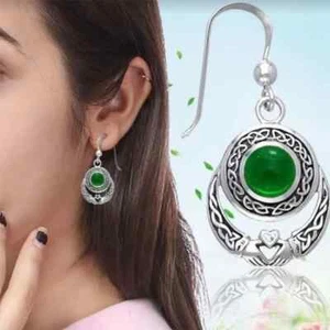 Beautiful Irish Claddagh with Green Stone Dangle Silver Hook Earrings - Picture 1 of 4