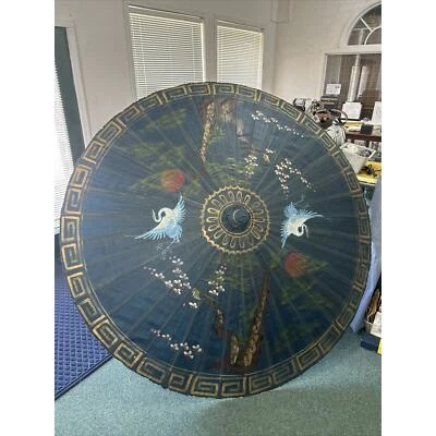 2 Vintage 72” Hand Painted Umbrellas Rice Paper Bamboo Oriental Japanese 1950’s - Image 1 of 4