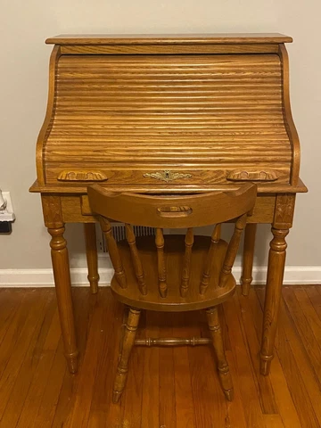 Vintage Roll Top with Solid Oak Tambour with Lock, Secretary Desk, Office Desk Cover