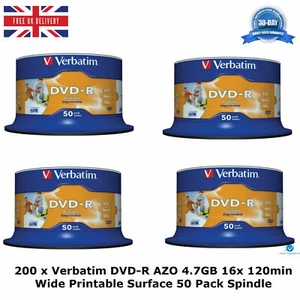 200 x Verbatim DVD-R AZO 700MB 16x 120min Wide Inkjet Printable Surface 50s Tubs - Picture 1 of 12