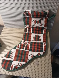 Needlepoint Weihnachtsstrumpf rot grün kariert Schaukelpferd Geschenk dbl-seitig - Bild 1 von 2
