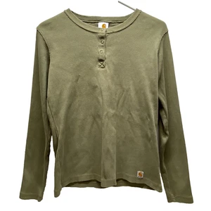 Carhartt Ribbed Long Sleeve Henley Women's Medium Olive Green Stretch Y2K EUC - Picture 1 of 11