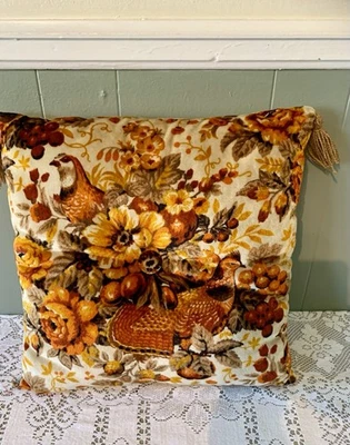 Vintage MCM RETRO 1970's Square Velvet Velour Couch Throw Pillow Quail Floral - Image 1 of 4