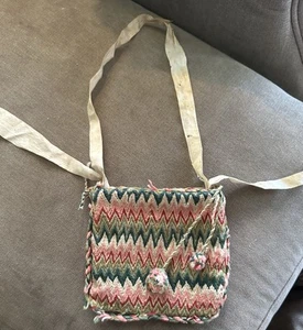 Antique Flame Stitch Purse Textile American Ribbon Pom Pom Neat! - Picture 1 of 6