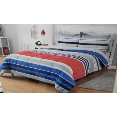 Conjunto de edredom Your Zone duplo listrado vermelho, branco, azul e urze com fronha de travesseiro - Imagem 1 de 3