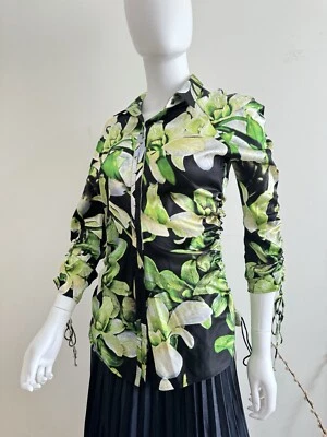 £950 Подлинный Roberto Cavalli атласная шелковая рубашка, зеленый лист напечатано блузка, 10 Великобритании - Изображение 1 из 4