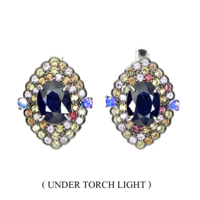 Pendientes de plata de ley 925 ovalados zafiro difuso ópalo de fuego piedras preciosas joyería Foto 1 de 4