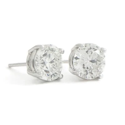 Aretes redondos de diamantes GIA EGL de oro blanco de 14 quilates cesta de 4 puntas, 2,02 CTW Foto 1 de 4