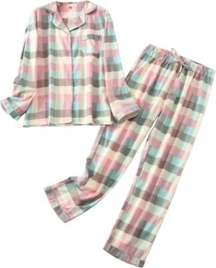 DAMEN L ODER XL SELTEN PASTELL KARIERT KARIERT BAUMWOLLE FLANELL PYJAMA SET GESCHENK NEU - Bild 1 von 3