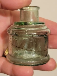 Antique Round Light Green Colored With Amber Swirls Ink Bottle - Picture 1 of 16